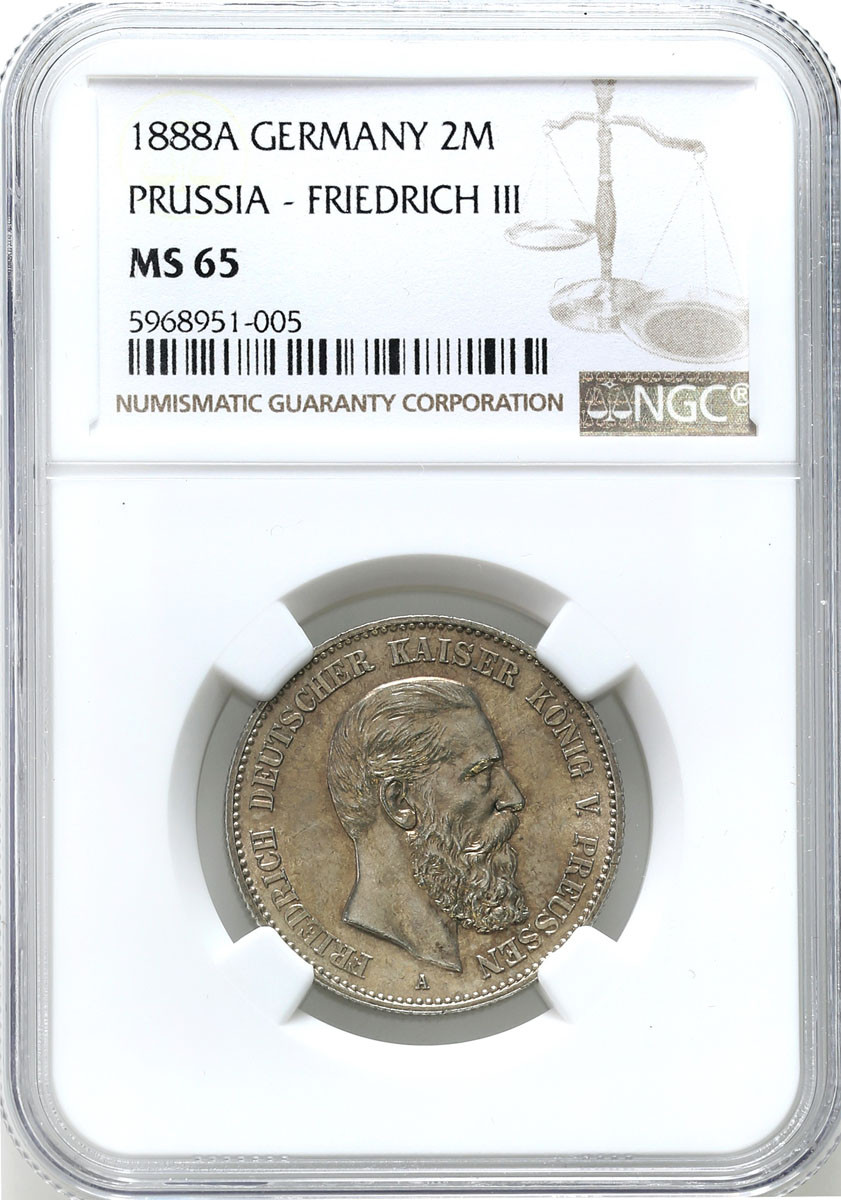 Niemcy, Prusy. 2 marki 1888 A, Berlin NGC MS65 - WYŚMIENITE